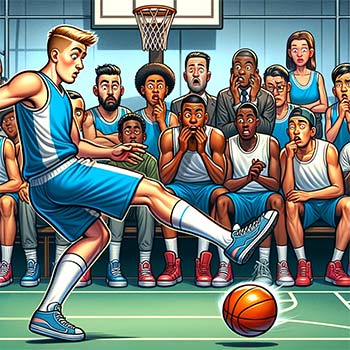 Cartoon image of player accidentally kicking a basketball