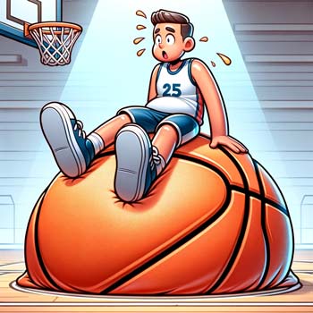Funny Cartoon of Basketball Player Sitting on an Oversized Basketball
